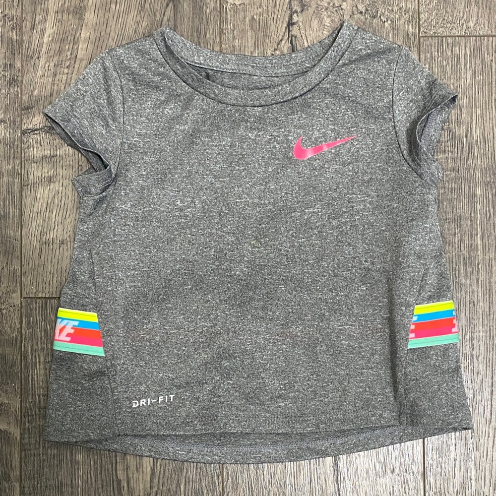 Nike Kids Gray Tee with Pink Logo and Colorful Stripes